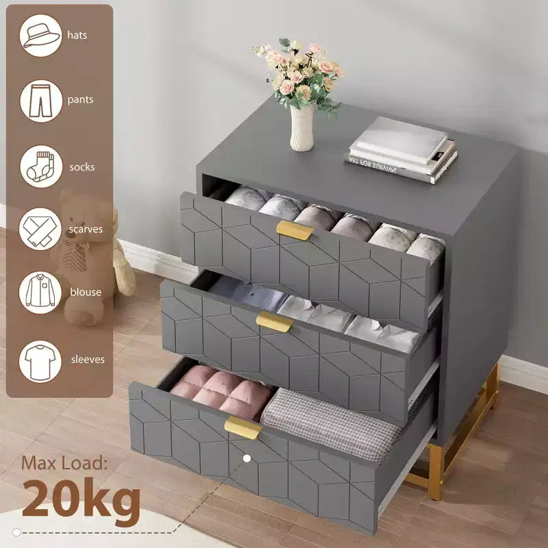 Cassettiera Moderna a 3 Cassetti in Legno, Cassettiera con Maniglie Dorate, Comodino e Mobile Contenitore da Camera da Letto