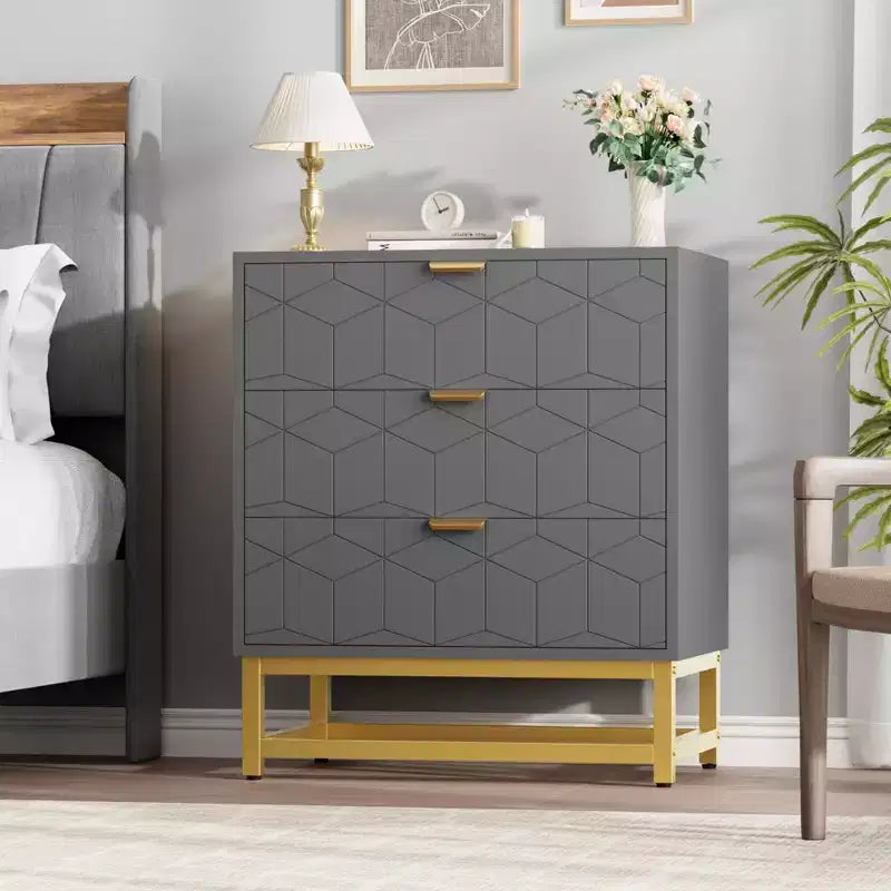 Cassettiera Moderna a 3 Cassetti in Legno, Cassettiera con Maniglie Dorate, Comodino e Mobile Contenitore da Camera da Letto