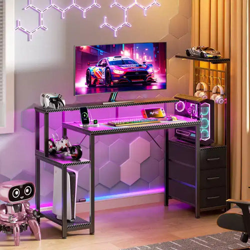 48 Inch Gaming Desk with Fabric Storage Drawers and Monitor Stand Reversible Computer Desk Gamer Table Carbon Black for Home Office Bedroom PC Setup