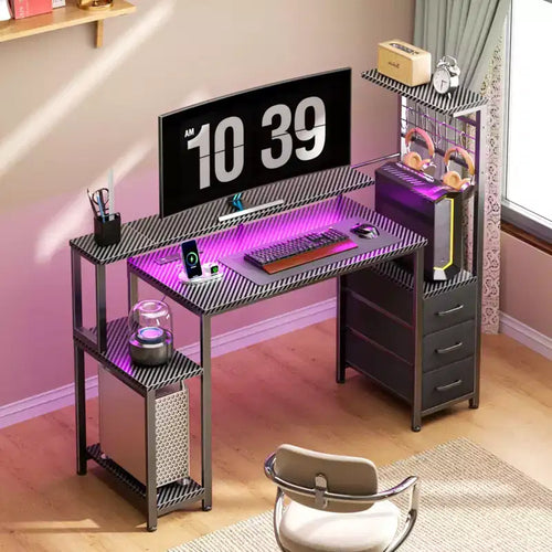 Scrivania da gioco da 48 pollici con cassetti in tessuto e supporto per monitor, scrivania reversibile per computer, tavolo da gamer nero carbone per ufficio, camera da letto, postazione PC