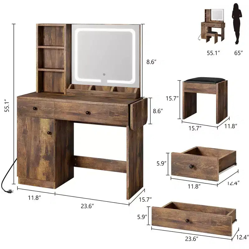 Toeletta da trucco con specchio e luci, set toeletta con cassetto e presa di corrente e sedia e 3 ripiani, camera da letto