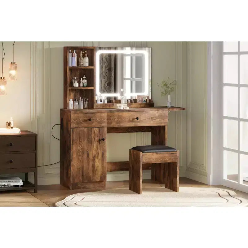 Toeletta da trucco con specchio e luci, set toeletta con cassetto e presa di corrente e sedia e 3 ripiani, camera da letto