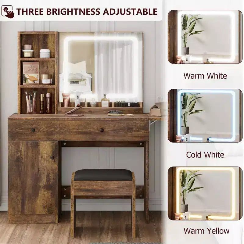 Toeletta da trucco con specchio e luci, set toeletta con cassetto e presa di corrente e sedia e 3 ripiani, camera da letto