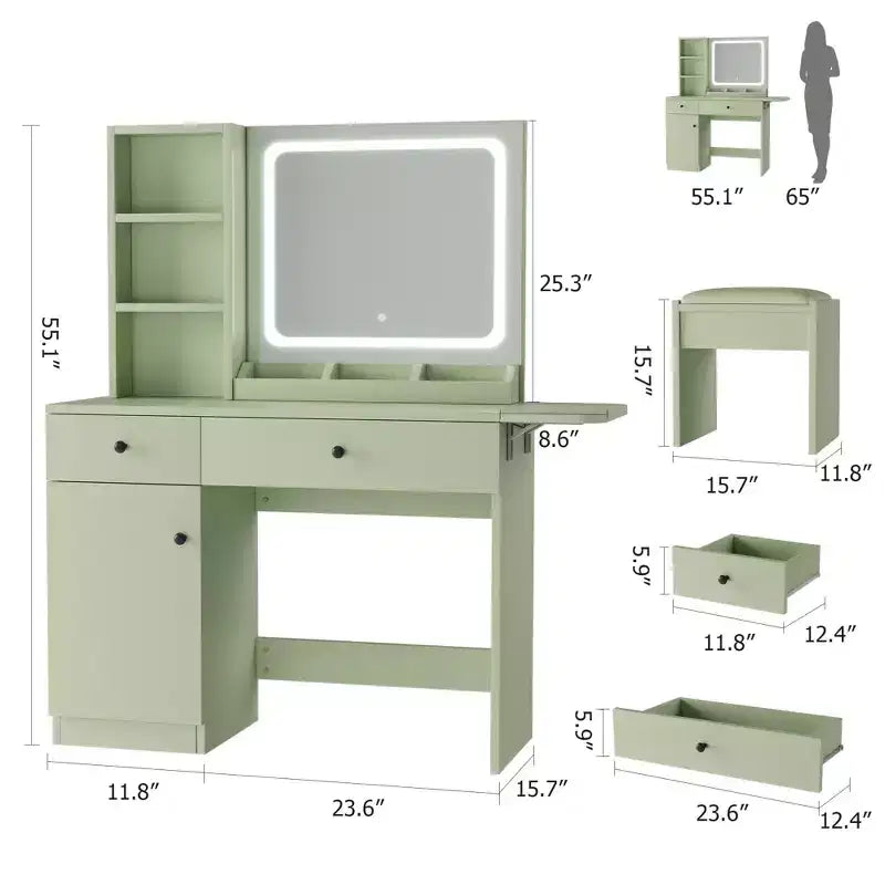 Toeletta da trucco con specchio e luci, set toeletta con cassetto e presa di corrente e sedia e 3 ripiani, camera da letto