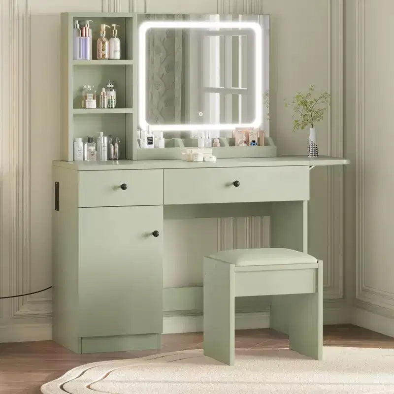 Toeletta da trucco con specchio e luci, set toeletta con cassetto e presa di corrente e sedia e 3 ripiani, camera da letto
