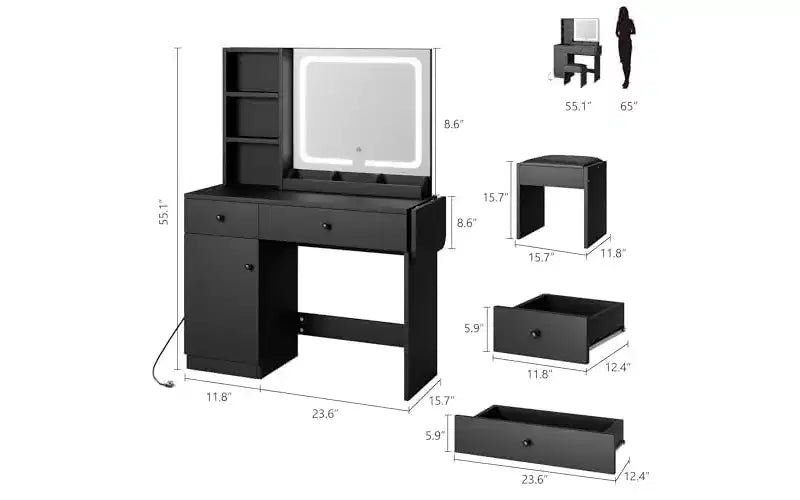 Toeletta da trucco con specchio e luci, set toeletta con cassetto e presa di corrente e sedia e 3 ripiani, camera da letto