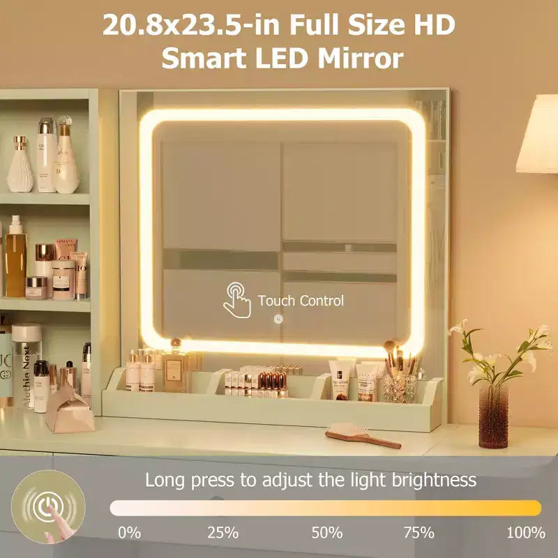 Toeletta da trucco con specchio e luci, set toeletta con cassetto e presa di corrente e sedia e 3 ripiani, camera da letto