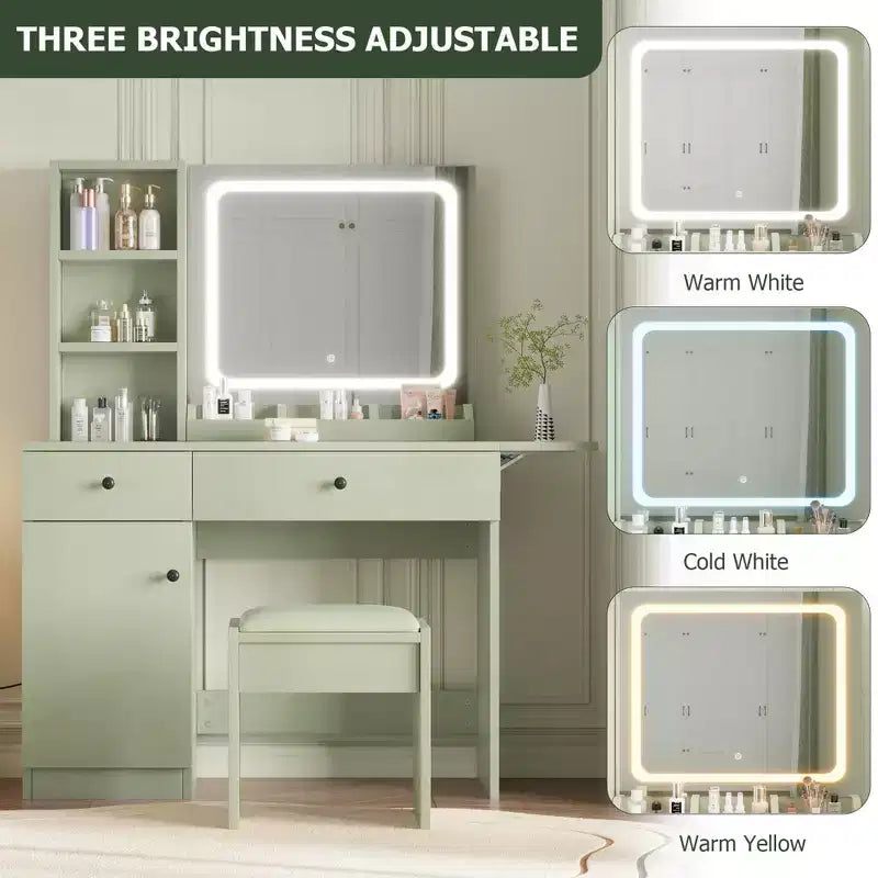 Toeletta da trucco con specchio e luci, set toeletta con cassetto e presa di corrente e sedia e 3 ripiani, camera da letto
