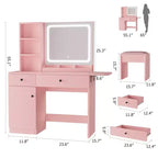 Toeletta da trucco con specchio e luci, set toeletta con cassetto e presa di corrente e sedia e 3 ripiani, camera da letto