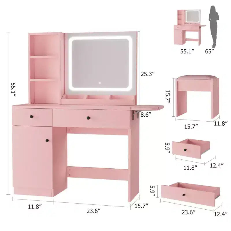 Toeletta da trucco con specchio e luci, set toeletta con cassetto e presa di corrente e sedia e 3 ripiani, camera da letto