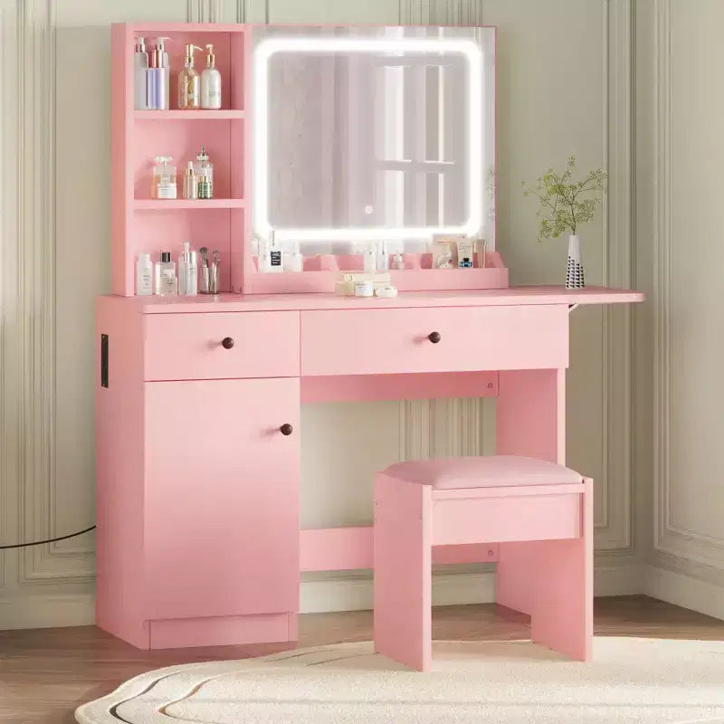 Toeletta da trucco con specchio e luci, set toeletta con cassetto e presa di corrente e sedia e 3 ripiani, camera da letto