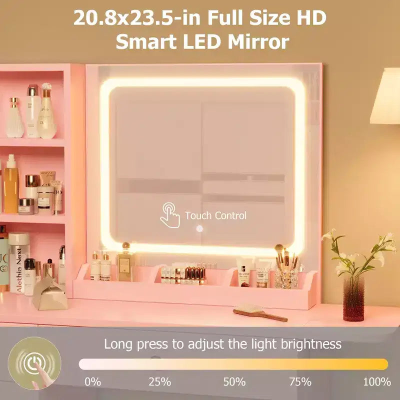 Toeletta da trucco con specchio e luci, set toeletta con cassetto e presa di corrente e sedia e 3 ripiani, camera da letto