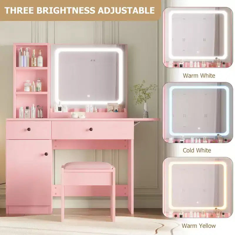 Toeletta da trucco con specchio e luci, set toeletta con cassetto e presa di corrente e sedia e 3 ripiani, camera da letto
