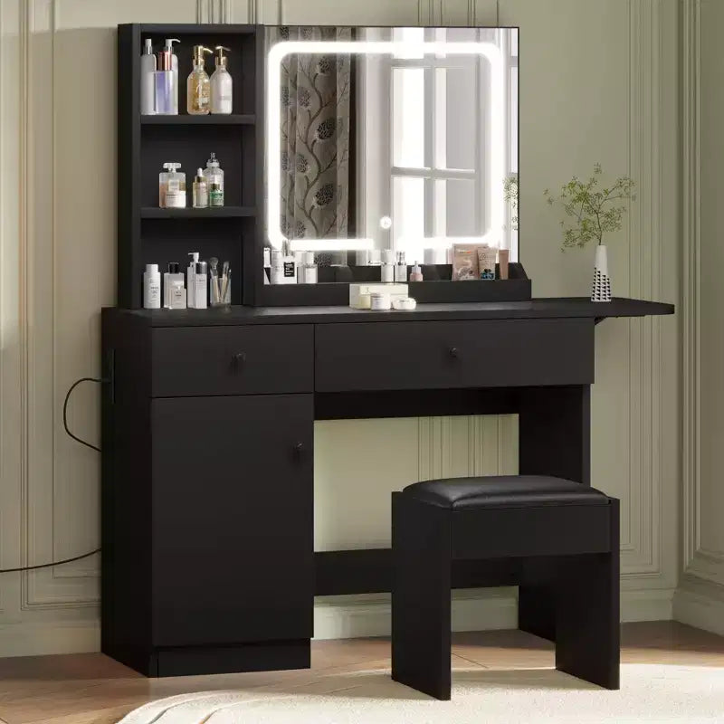 Toeletta da trucco con specchio e luci, set toeletta con cassetto e presa di corrente e sedia e 3 ripiani, camera da letto