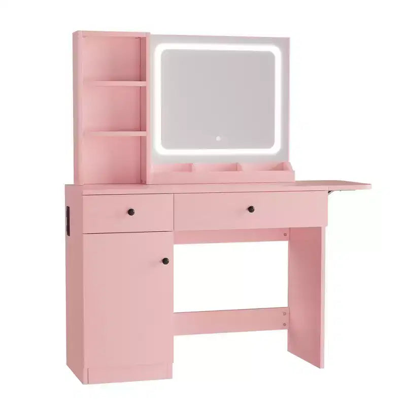 Toeletta da trucco con specchio e luci, set toeletta con cassetto e presa di corrente e sedia e 3 ripiani, camera da letto