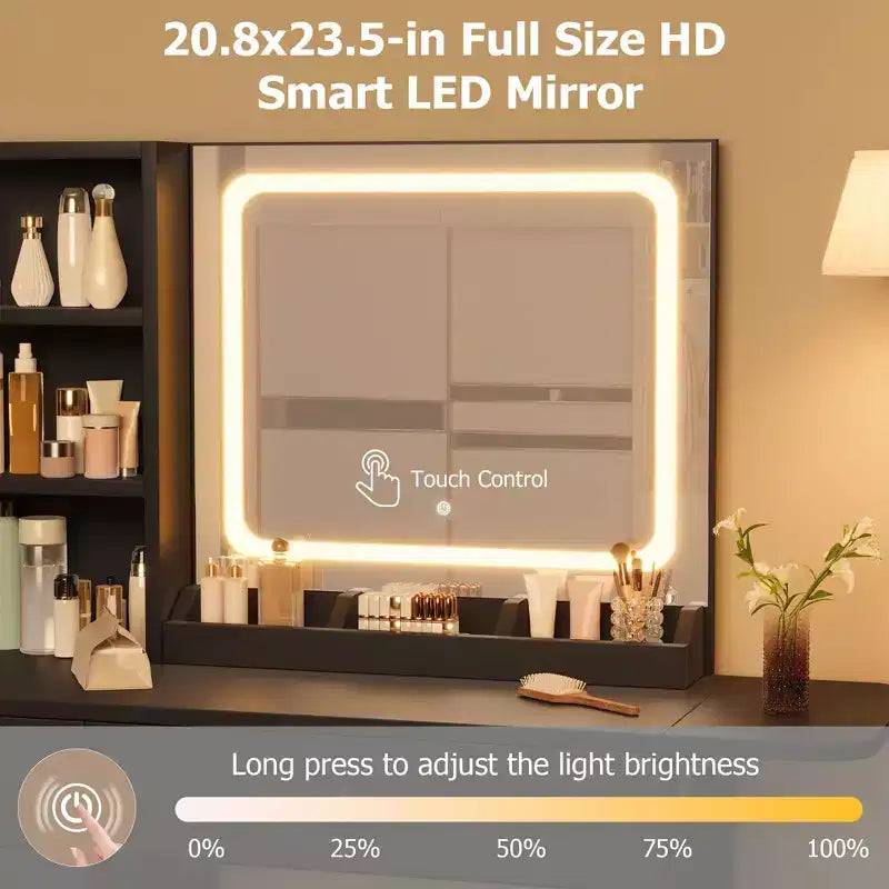 Toeletta da trucco con specchio e luci, set toeletta con cassetto e presa di corrente e sedia e 3 ripiani, camera da letto