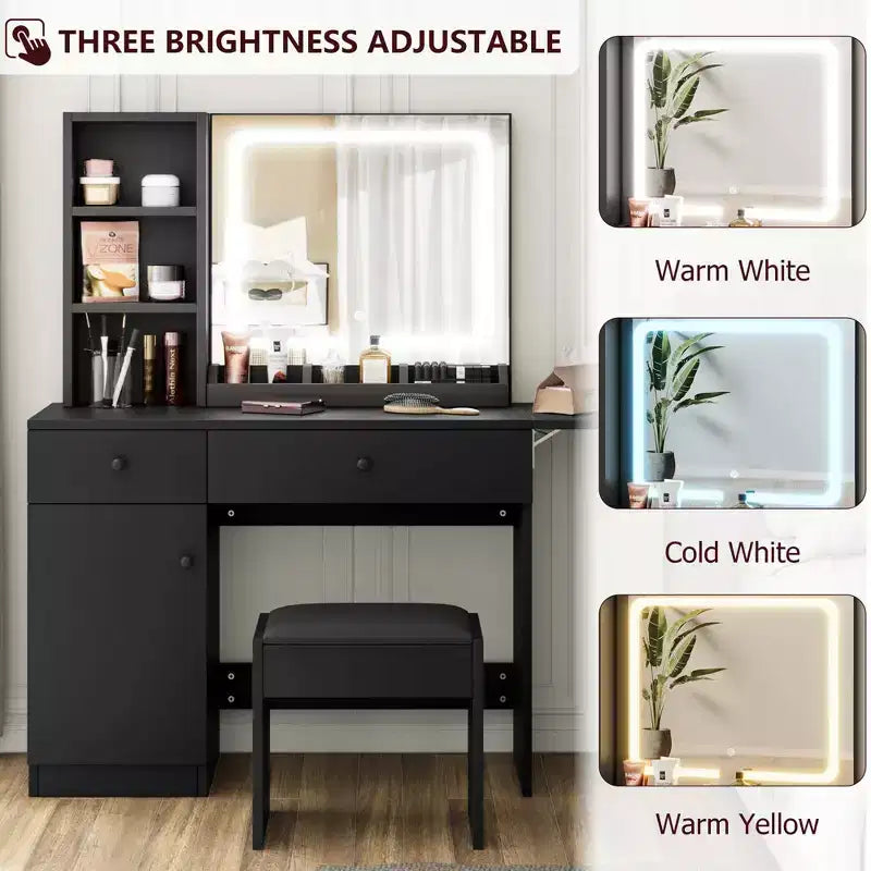 Toeletta da trucco con specchio e luci, set toeletta con cassetto e presa di corrente e sedia e 3 ripiani, camera da letto