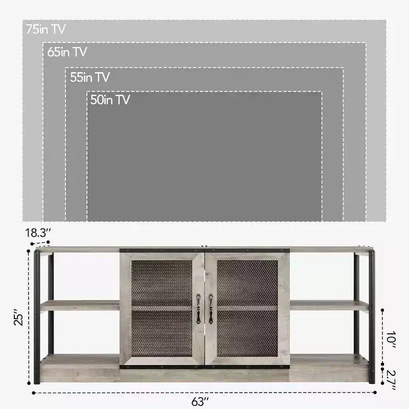 Mobile TV industriale per televisori fino a 65''/75'', Porta TV rustico con armadietto a doppia anta a rete e ripiani aperti, Consolle multimediale per soggiorno