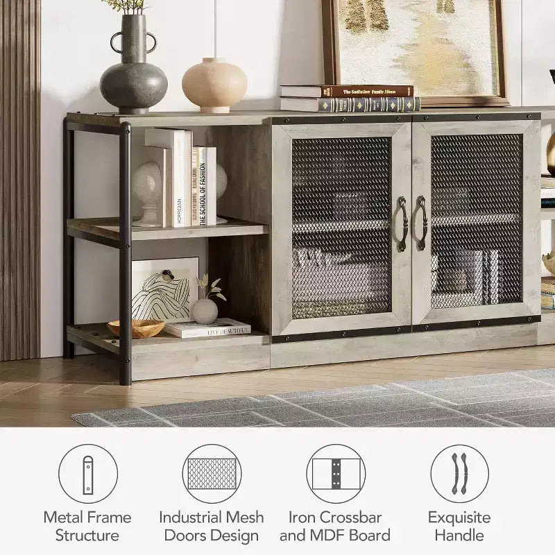 Mobile TV industriale per televisori fino a 65''/75'', Porta TV rustico con armadietto a doppia anta a rete e ripiani aperti, Consolle multimediale per soggiorno