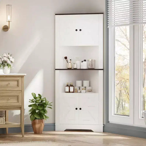64.8 Tall Farmhouse Corner Cabinet with 4 Doors and 5 Storage Shelves, Farmhouse Storage Cabinet with Barn Door Design