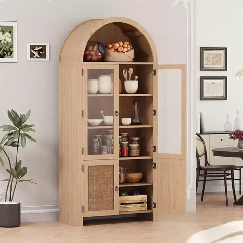 71 Tall Arched Cabinet with Storage, Kitchen Pantry Cabinet, , 6-Shelf Wood Storage Cabinet with Rattan Door and Drawer