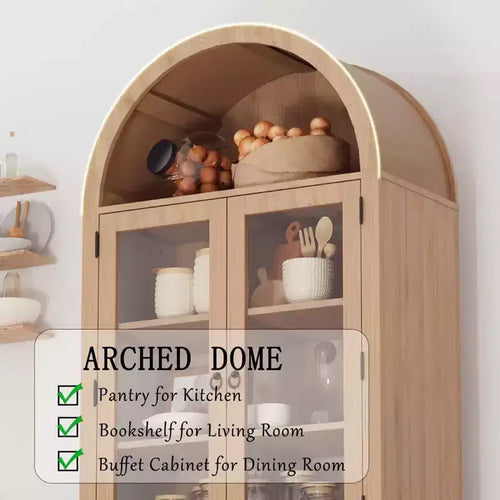 Mobile alto ad arco da 180 cm con vano contenitore, dispensa da cucina, armadio contenitore in legno a 6 ripiani con anta in rattan e cassetto