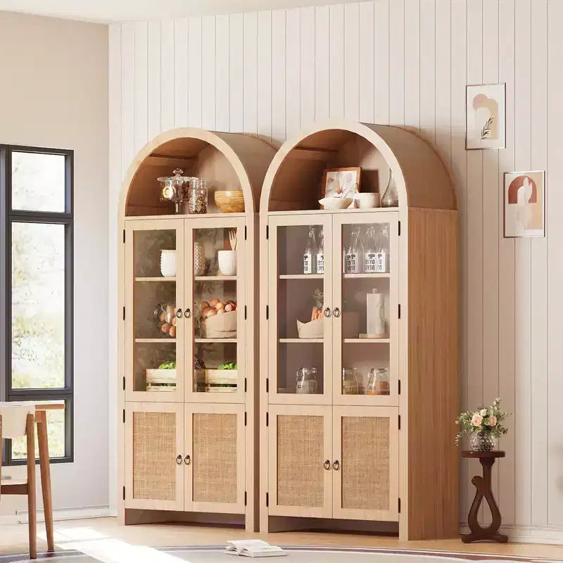 Mobile alto ad arco da 180 cm con vano contenitore, dispensa da cucina, armadio contenitore in legno a 6 ripiani con anta in rattan e cassetto
