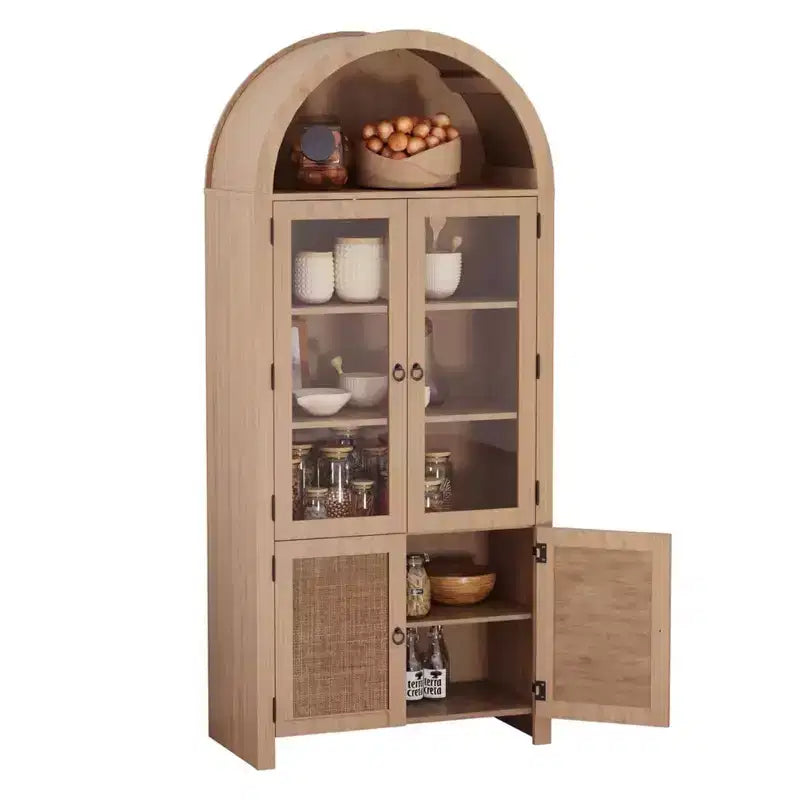Mobile alto ad arco da 180 cm con vano contenitore, dispensa da cucina, armadio contenitore in legno a 6 ripiani con anta in rattan e cassetto