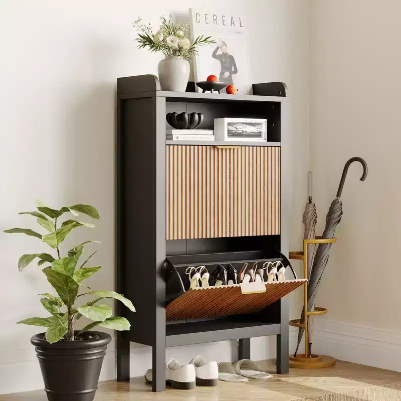 Scarpiera con 2 cassetti a ribalta, Mobile scarpiera stretto a lamelle con gambe, Armadietto freestanding a scomparsa per ingresso e corridoio
