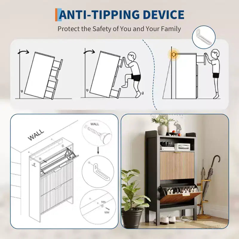Scarpiera con 2 cassetti a ribalta, Mobile scarpiera stretto a lamelle con gambe, Armadietto freestanding a scomparsa per ingresso e corridoio