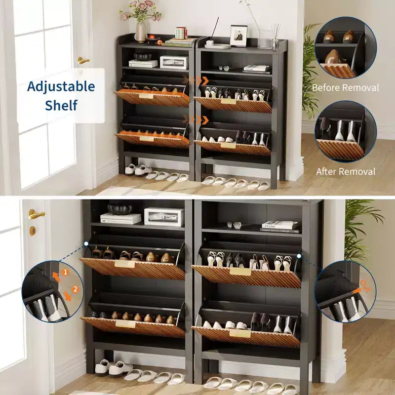 Scarpiera con 2 cassetti a ribalta, Mobile scarpiera stretto a lamelle con gambe, Armadietto freestanding a scomparsa per ingresso e corridoio