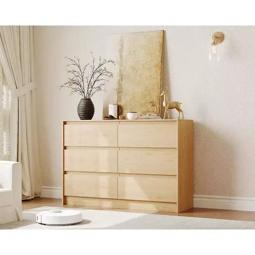6 Drawer Dresser, Farmhouse 47 Inch Chest of Drawers with Handle-Less Design, Natural Oak Wooden Storage Cabinet for Bedroom & Living Room, Brown