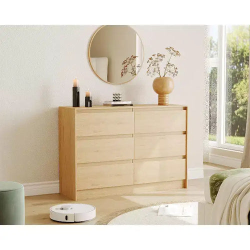 Commode à 6 tiroirs, commode de ferme de 120 cm avec design sans poignée, armoire de rangement en bois de chêne naturel pour chambre et salon, marron