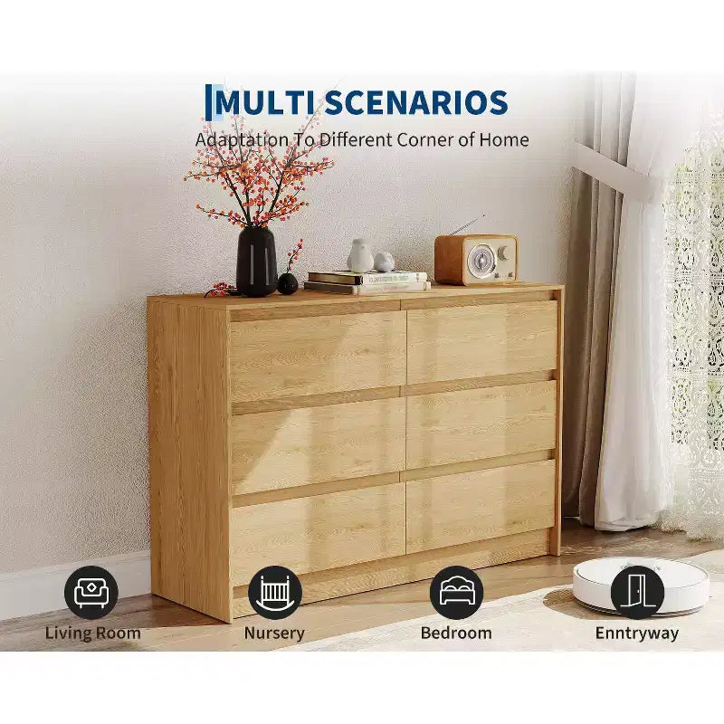 Cassettiera a 6 cassetti, cassettiera da fattoria da 120 cm con design senza maniglie, mobile contenitore in legno di rovere naturale per camera da letto e soggiorno, marrone