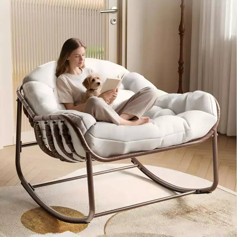 Sedia a dondolo da esterno, sedia a uovo da patio di grandi dimensioni con cuscino imbottito, dondolo Papasan in vimini e rattan per interni, veranda, cortile