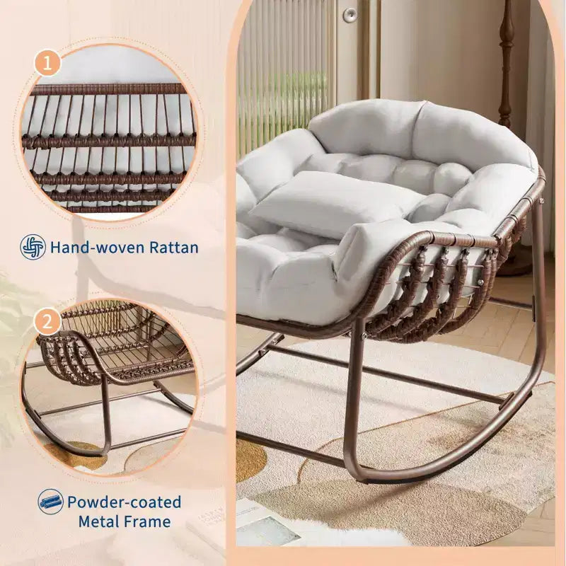 Sedia a dondolo da esterno, sedia a uovo da patio di grandi dimensioni con cuscino imbottito, dondolo Papasan in vimini e rattan per interni, veranda, cortile