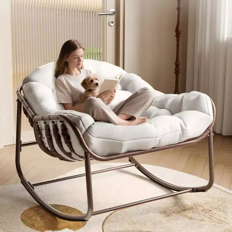 Sedia a dondolo da esterno, sedia a uovo da patio di grandi dimensioni con cuscino imbottito, dondolo Papasan in vimini e rattan per interni, veranda, cortile
