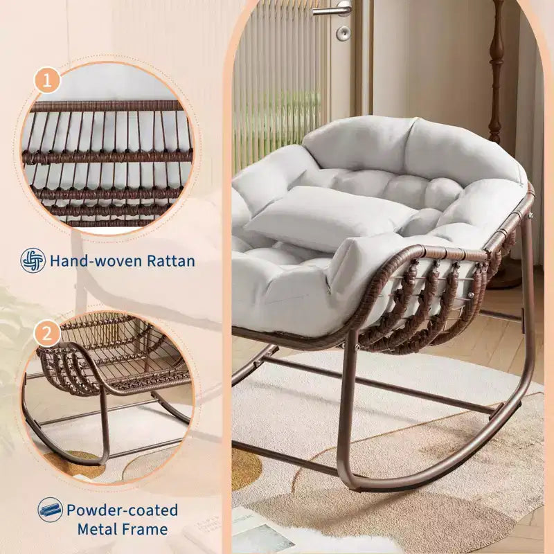 Sedia a dondolo da esterno, sedia a uovo da patio di grandi dimensioni con cuscino imbottito, dondolo Papasan in vimini e rattan per interni, veranda, cortile