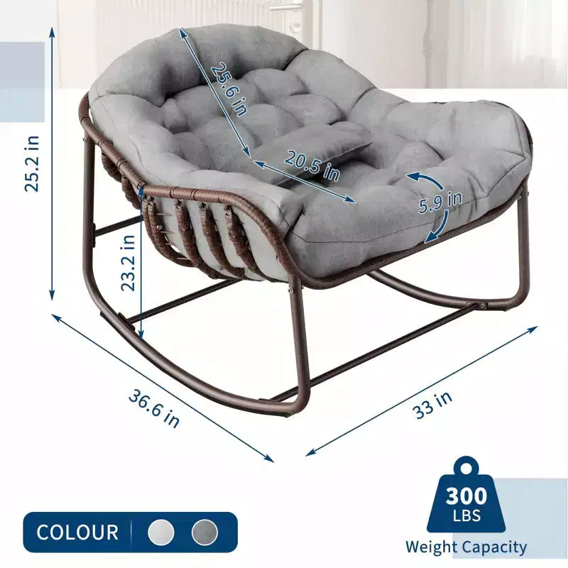 Sedia a dondolo da esterno, sedia a uovo da patio di grandi dimensioni con cuscino imbottito, dondolo Papasan in vimini e rattan per interni, veranda, cortile