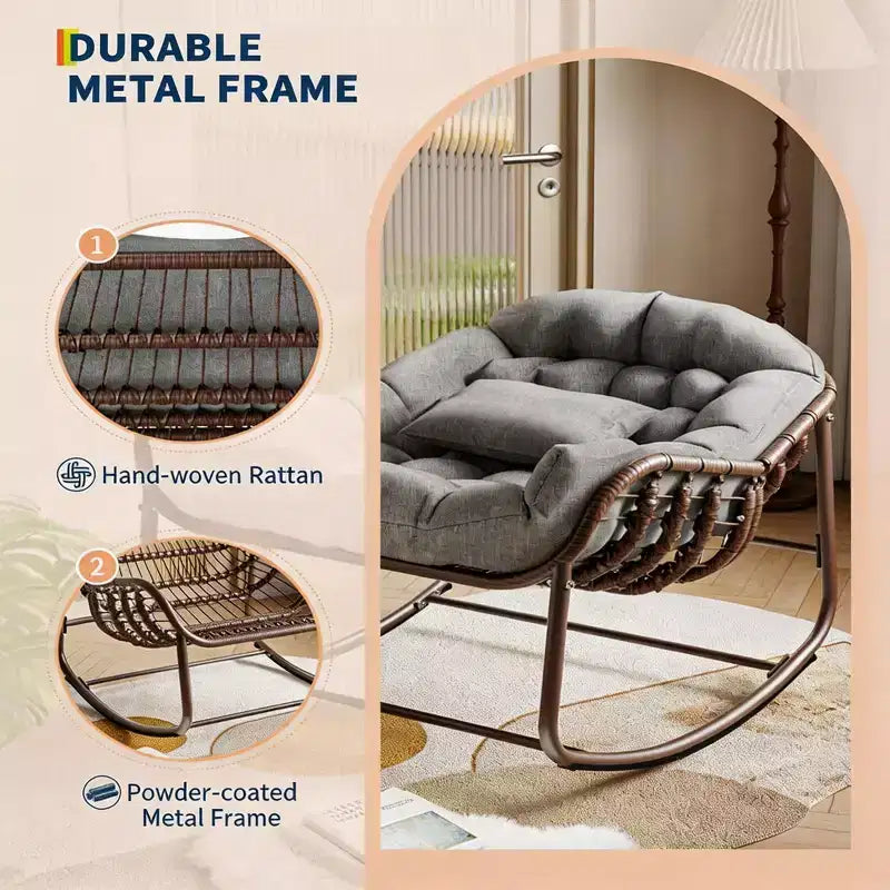 Sedia a dondolo da esterno, sedia a uovo da patio di grandi dimensioni con cuscino imbottito, dondolo Papasan in vimini e rattan per interni, veranda, cortile