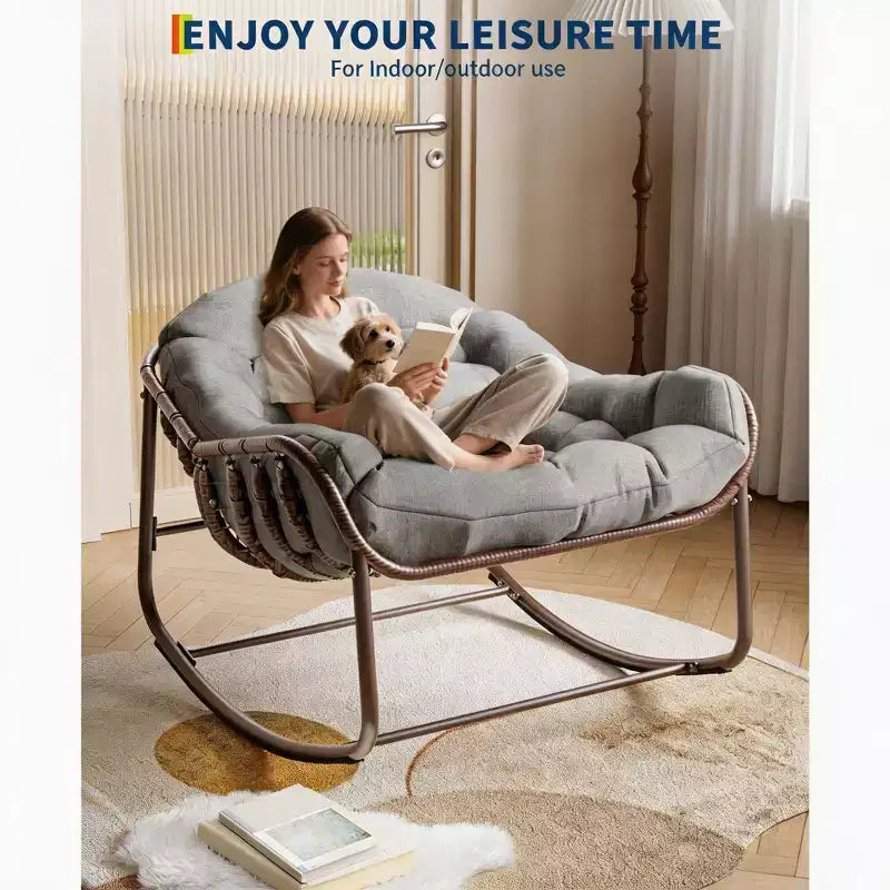 Sedia a dondolo da esterno, sedia a uovo da patio di grandi dimensioni con cuscino imbottito, dondolo Papasan in vimini e rattan per interni, veranda, cortile