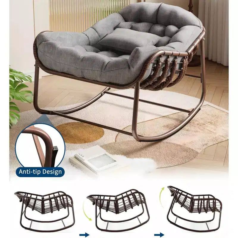 Sedia a dondolo da esterno, sedia a uovo da patio di grandi dimensioni con cuscino imbottito, dondolo Papasan in vimini e rattan per interni, veranda, cortile