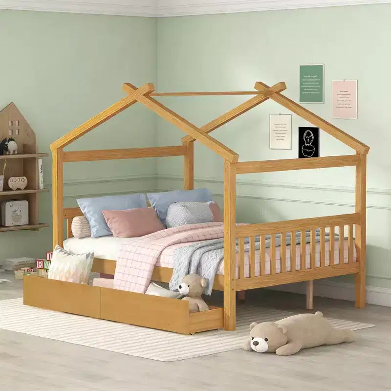 Luxystar Letto a Capanna in Legno Moderno Full Size con 2 Cassetti e Testiere