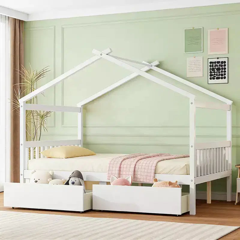 Luxystar Letto a Capanna in Legno Moderno Full Size con 2 Cassetti e Testiere