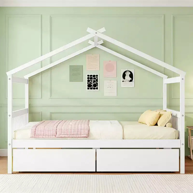 Luxystar Letto a Capanna in Legno Moderno Full Size con 2 Cassetti e Testiere