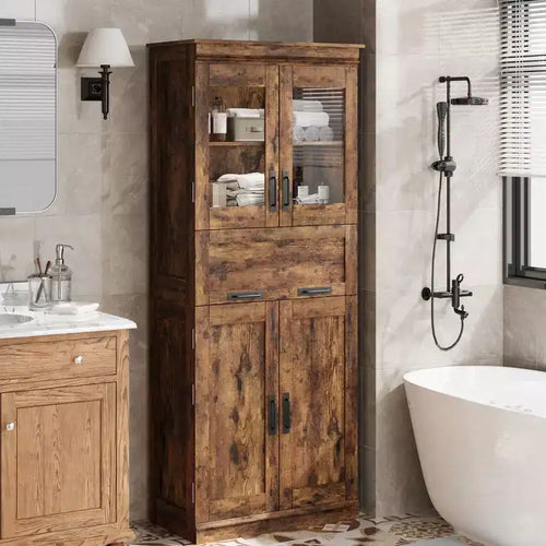 67 Tall Storage Cabinet with 4 Doors, Adjustable Shelves & Flip Glass Drawer, for Bathroom, Kitchen, Living Room