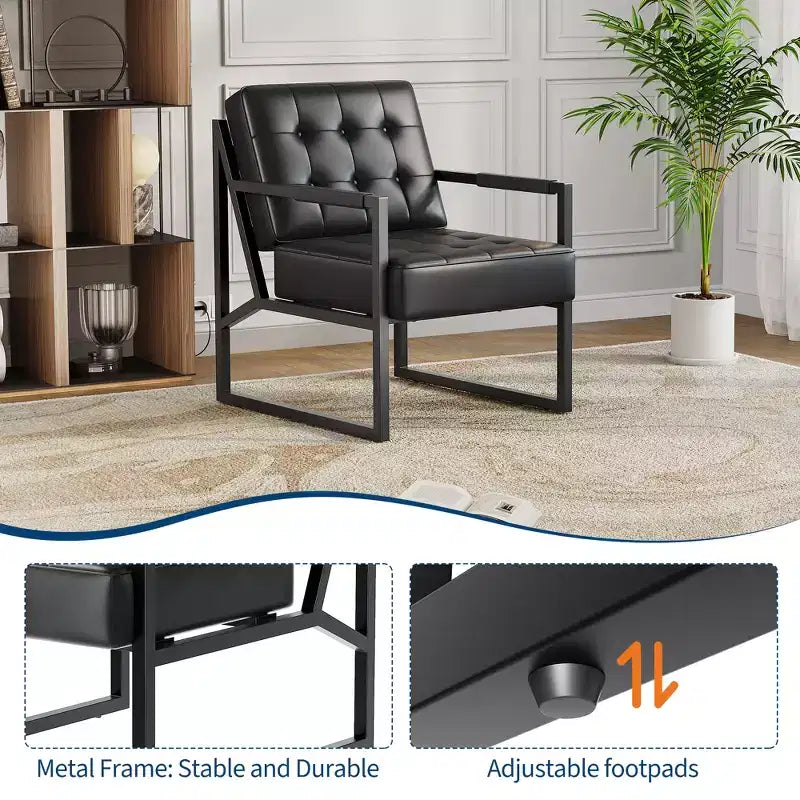 Poltrona d'Appoggio Mid Century Modern - Poltroncina in Pelle PU, Sedile con Cuscino Spesso, Struttura in Metallo, Sedia Lounge Retrò per Soggiorno, Camera da Letto, Ufficio