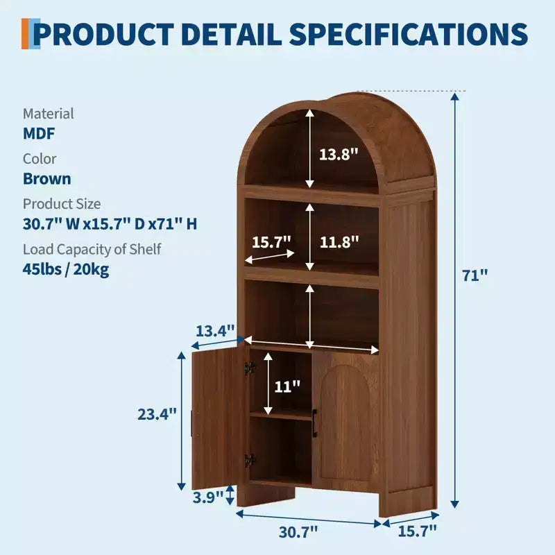 Dispensa alta ad arco Garvee 71, libreria ad arco a 5 ripiani con ante, armadio ad arco in legno con ripiano regolabile per sala da pranzo e soggiorno