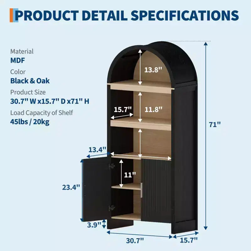 Dispensa alta ad arco Garvee 71, libreria ad arco a 5 ripiani con ante, armadio ad arco in legno con ripiano regolabile per sala da pranzo e soggiorno