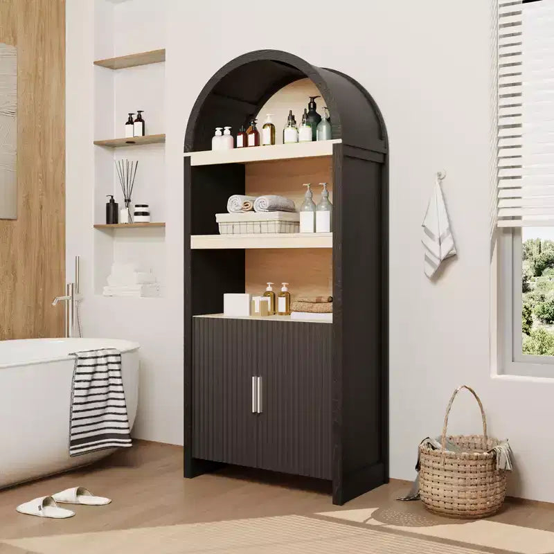 Dispensa alta ad arco Garvee 71, libreria ad arco a 5 ripiani con ante, armadio ad arco in legno con ripiano regolabile per sala da pranzo e soggiorno